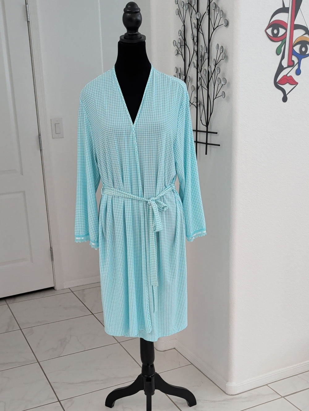New JW Junction West Knee Robe Turquoise Blue White Gingham Checked XL